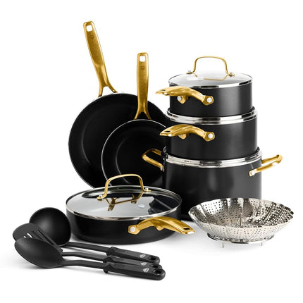 Blue Diamond 14 Piece Induction Nonstick Cookware Set, Diamond Infused PFAS-Free Ceramic Nonstick Pots & Pans, Durable Metal Utensil Safe, Dishwasher Safe, Oven & Broiler to 600F, Black/Gold