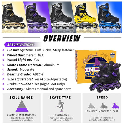 Nattork Kids Inline Skates Adjustable Light up Wheels Blades Roller for Boys Girls- TeenYouth Age 8-12 - Cool Racing Car Decorations Indoor Outdoor Purple