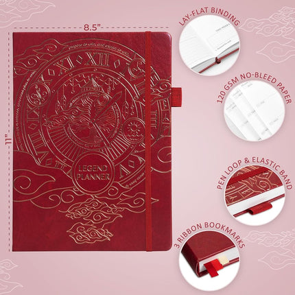 Legend Planner Undated, Weekly & Daily Goal Journal, A4 Wine Red Gold