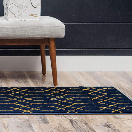 Unique Loom Marilyn Monroetm Glam Collection Carved Geometric Modern Navy Blue Gold Indoor Runner Rug (2' x 10')
