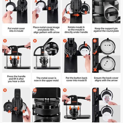 VEVOR Button Maker Machine, 1/1.25/2.28 inch(25/32/58mm) 3-in-1 Pin Maker, Installation-Free Badge Punch Press Kit, Button Making Supplies with 300pcs Button Parts, Circle Cutter, Magic Book
