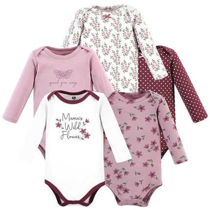 Hudson Baby Unisex Baby Unisex Baby Cotton Long-sleeve Bodysuits, Plum Wildflower, Preemie, Plum Wildflower 5 Pack, Preemie