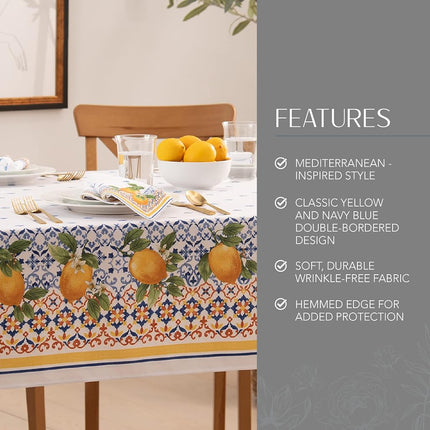 Threadmade Elrene Home Fashions Capri Lemon Double-Bordered Mediterranean Spring/Summer Fabric Tablecloth, Rectangle, 60 inches X 84 inches