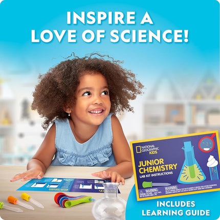NATIONAL GEOGRAPHIC Kids Kit de chimie junior - Laboratoire d'apprentissage précoce complet avec 50 expériences scientifiques et plus de 20 outils de laboratoire, Kit de chimie, Expériences scientifiques pour les enfants de 4 à 6 ans