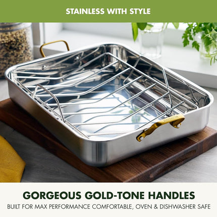 GreenPan Reserve 16" x 13" Tri-Ply Stainless Steel Roasting Pan with Roaster Rack, Multiclad Cookware, Induction Suitable, Stainless Steel Handles, Dishwasher & Oven Safe, Silver