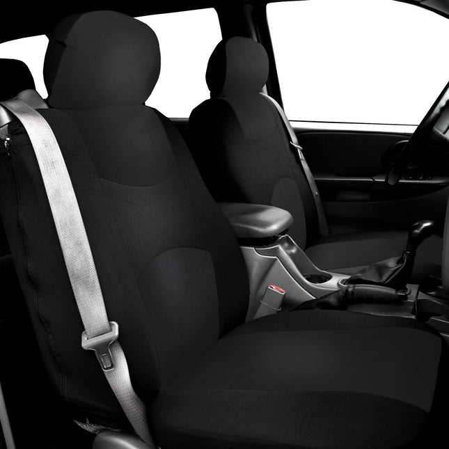 FH GROUP FH-FB351115 All Purpose Flat Cloth Built-In Seat Belt Seat Covers Solid Black Color, Airbag compatible and Split Bench W. FH1002 Non-Slip Dash Pad- Fit Most Car, Truck, Suv, or Van
