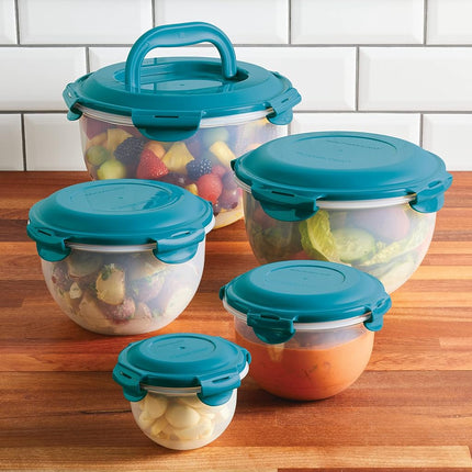 Rachael Ray Leak-Proof Nestable Container Food Storage Bin Set, 10-Piece Round, Teal Lid