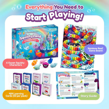 The Fidget Game SquishyLand in Rainbow Reef - Educational & Phonics Learning Activities for Children in Nursery to Year 2 - Mochi Squishy Toys Set with Board Game (2-6 Players) & Card Packs Included