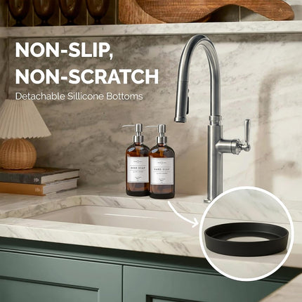 Vine Creations Amber Glass Soap Dispenser 2 Pack, Thick 16oz Bottles with Rustproof Stainless Steel Pump, Modern Farmhouse Vintage Jar, Bathroom Kitchen Accessories, Dish and Hand Soap Labels (Silver)