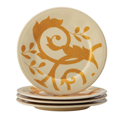 Rachael Ray Dinnerware Gold Scroll - Juego de 4 platos redondos para aperitivos, color crema almendra