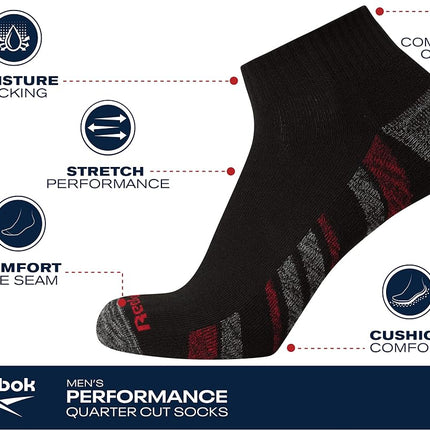Reebok Mens Quarter Socks - 6 Pack Moisture Wicking Performance Stretch Athletic Ankle Socks for Men (Sizes: 6-12.5)