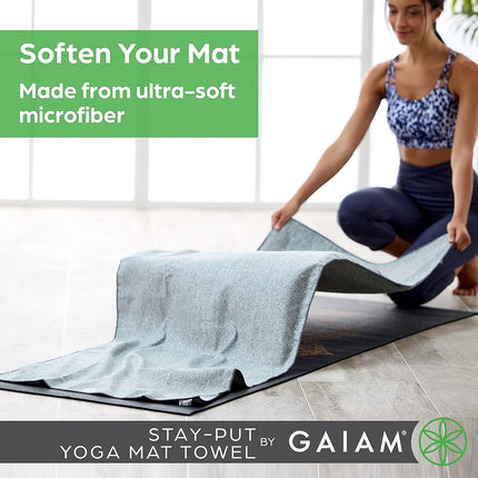 Gaiam 05-63735 Yoga Towel - Mat Sized Active Dry Non Slip Moisture Wicking Sweat Absorbent Microfiber Hot Yoga Towel for Women & Men | Stay-Put Corner Pockets (70" Long x 26" Wide), Grey