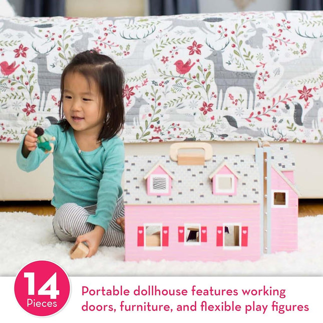 Melissa & Doug Fold and Go Wooden Dollhouse With 2 Dolls and Wooden Furniture Portable Small Dollhouse for Kids Ages 3+