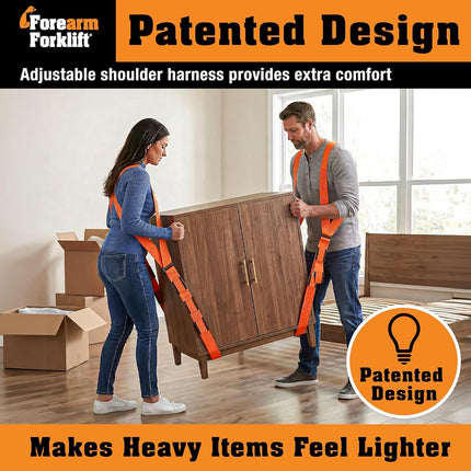 Harnais d'épaule Forearm Forklift – Modèle Original – Soulève et déplace meubles et appareils électroménagers, supporte jusqu'à 360 kg. Ensemble de harnais de déménagement, 2 harnais et 2 sangles centrales de 2,84 m de long chacune, 1 paquet, orange