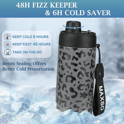 MAXSO Sealed Can Cooler Fizz Lid Can Cover for 12 oz Regular, Slim Skinny Cans & As Thermal Bottle, 4-in-1 Insulated Vacuum Stainless Steel Carbonated Cold Drink Holder - Black Leopard