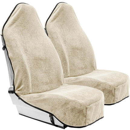 Season Guard Terry Cloth Sweat Towel Seat Cover; Carseat Towel Protector; Great for Gym Workout; Waterproof; Universal Fit for Car SUV Van Truck; EZ fit; Non Slip Grip; Machine Washable; 2pc Tan