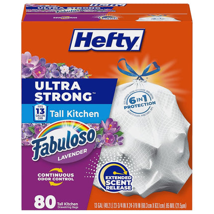 Hefty Ultra Strong 13 Gallon Trash Bags, Tall Kitchen Trash Bags 13 Gallon Size, Resist Leaks, Punctures, and Rips, Continuous Odor Control, White, Fabuloso Scent, 80 Bags