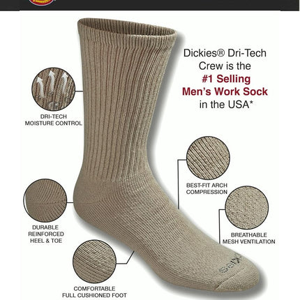 Dickies Men's Dri-tech Moisture Control Crew Socks Multipack, Essential Worker Khaki (6 Pairs), Shoe Size: 12-15