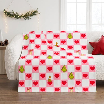 Franco Le Grinch Couverture Polaire à Carreaux Motif Cœur Saint-Valentin Super Douce Toucher Soie, 102 cm x 127 cm (Produit sous Licence Officielle)