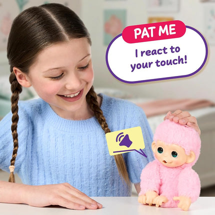 Little Live Pets Baby Monkey Minis – Luna Lemon. Interactive Pet Toy. 20+ Sounds & Reactions. Soft Pink Fur. 7.4" Tall. Feed, Nurture. React. Grippy Hands & Feet. Collect All 3