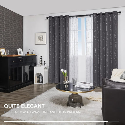 Deconovo Blackout Grommet Silver Pattern Printed Curtains, Dark Grey, 52W x 84L