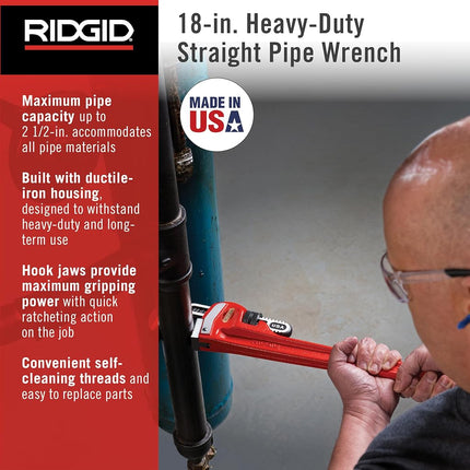 RIDGID 31025 Heavy-Duty Straight Pipe Wrench Plumbing Wrench,Red, 18-inch