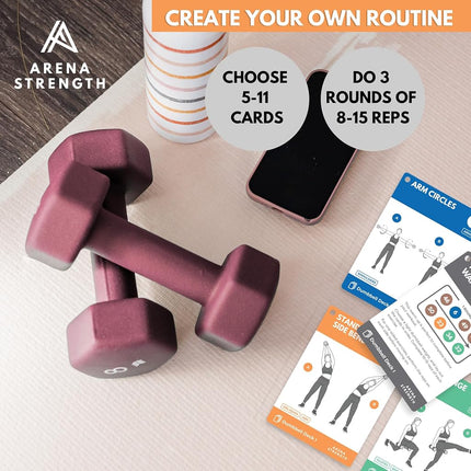Arena Strength Dumbbell Fitness Workout Cards - Baraja de instrucciones para entrenamientos con mancuernas, instrucciones en video incluidas. Ejercicios de bajo impacto. Perfecto para el entrenamiento con mancuernas en casa.