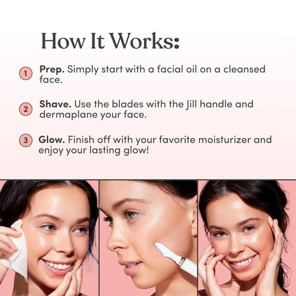 JILL Kit de Rasoirs Dermaplane pour Femmes | Kit de Dermaplaning Épilation du Visage Incluant 1 Manche, 2 Rasoirs Peaux Sensibles & Lingette Nettoyante