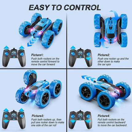 QUNREDA Remote Control Car, RC Cars Toys for Kids Ages 6-12, 4WD Stunt Car with LED Lights & 360° Flips, 2.4GHz, Upgraded USB-C Modular Batteries, 8-10 Year Old Boys Blue