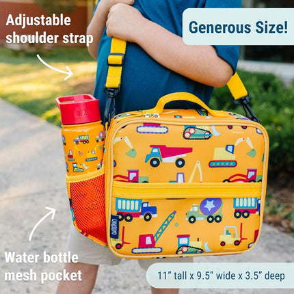 Wildkin Kids Fiambrera aislada ECO rPET – Mantiene la comida fría o caliente, forro de fácil limpieza, bolsillos de malla y sin BPA – Niños y niñas, ideal para la escuela, viajes y guardería – En construcción