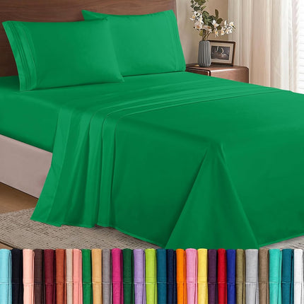 Elegant Comfort, Luxury Hotel Quality 1500 Microfibre Sheet Set - 4 Piece - Pleat with Full Elasticated Corners, Pocket up to 16" Deep Pocket, Double - Green