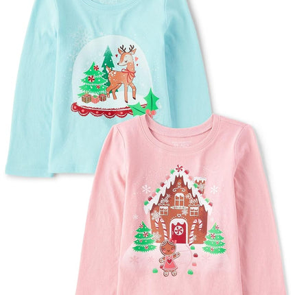The Children's Place Baby Girls' and Toddler All Holidays Long Sleeve Graphic T-Shirts, Multipack, Holiday Snowglobe/Gingerbread House, 4T