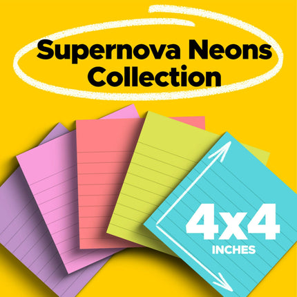 Post-it Super Sticky Notes, 4x4 in, 6 Pads, 2X The Sticking Power, Supernova Neons, Bright Colors, Recyclable (675-6SSMIA)