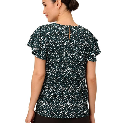 Adrianna Papell Women's Pleated Knit Double Sleeve Top, Dark Evergreen Brushed Dot, M