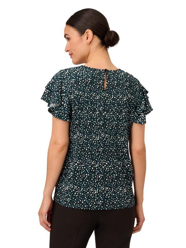 Haut plissé en maille à manches doubles Adrianna Papell pour femme, motif à pois brossés, vert sapin foncé, M