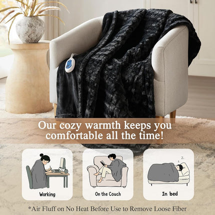 Beautyrest Heated Blanket, Eletric Throw Blanket, Soft, Warm, Reversible Faux Fur - Mink Oversized Heating Blanket Throw, 3 Heat Settings, 2 hr Auto Shut Off, Machine Washable, 50x70 Black Texture