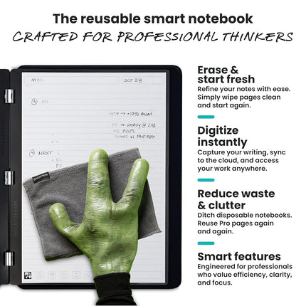 Rocketbook Pro 2.0 Cuaderno Digital Reutilizable - Bloc de Notas Inteligente - Negro, con 20 páginas punteadas y rayadas, tapa dura, con bolígrafo Pilot Frixion y paño de microfibra, tamaño ejecutivo A5 7" x 9" - Gadget de Oficina