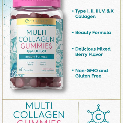 Collagen Gummies | 60 Count | Multi Collagen Complex | Beauty Formula Supplement | Mixed Berry Flavor | Non-GMO, Gluten Free | Carlyle