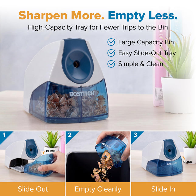 Bostitch Office Personal Electric Pencil Sharpener, Powerful Stall-Free Motor, High Capacity Shavings Tray, Blue
