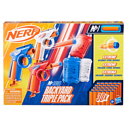 Nerf N Series Triple Pack de Patio, Incluye 3 Lanzadores Flexibles, 3 Objetivos, 30 Dardos N1, Edades 8+ (Exclusiva de Amazon)