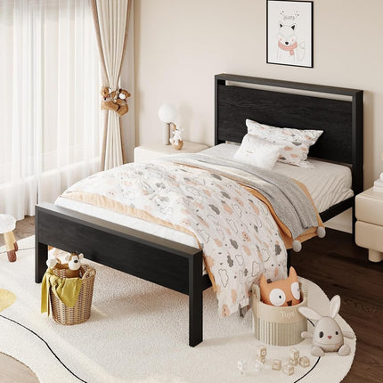 SHA CERLIN 14 Inch Twin Size Metal Platform Bed Frame with Wooden Headboard and Footboard, Mattress Foundation, No Box Spring Needed, Large Under Bed Storage, Heavy Duty Slats Support, Black Oak