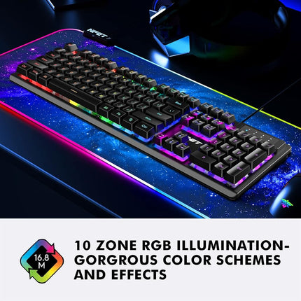 Teclado de juego con cable NPET K10, retroiluminación LED, diseño resistente a salpicaduras, teclas multimedia, teclado de membrana USB silencioso para escritorio, computadora, PC (negro)