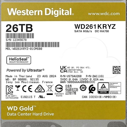 Western Digital 26TB WD Gold Enterprise Class SATA Internal Hard Drive HDD - 7200 RPM, SATA 6 Gb/s, 512 MB Cache, 3.5" - WD261KRYZ