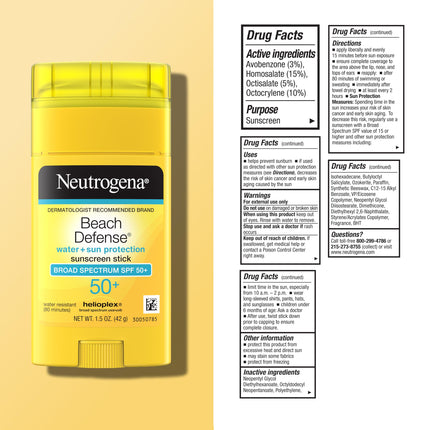 Neutrogena Beach Defense protector solar en barra con amplio espectro SPF 50+, protector solar ligero resistente al agua con fórmula sin aceite y sin PABA, 42 g