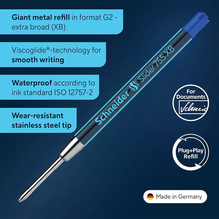 Schneider 175503 Ballpoint Pen Refill Slider 755 Indelible XB, Pack of 10 Blue
