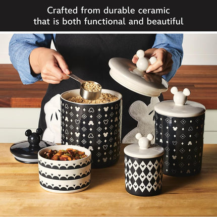 Disney Home Monochrome Extra Large Ceramic Canister/Food Storage Container/Cookie Jar, Airtight Lid, 12.8 Cup with a Mickey-shaped knob Lid - Black