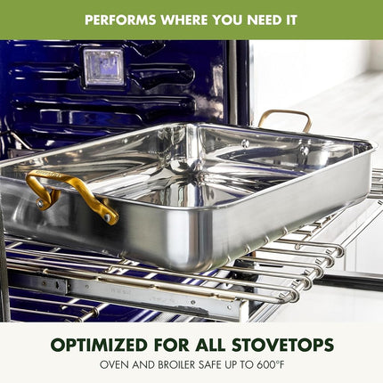 GreenPan Reserve 16" x 13" Tri-Ply Stainless Steel Roasting Pan with Roaster Rack, Multiclad Cookware, Induction Suitable, Stainless Steel Handles, Dishwasher & Oven Safe, Silver