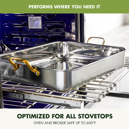 GreenPan Reserve 16" x 13" Tri-Ply Stainless Steel Roasting Pan with Roaster Rack, Multiclad Cookware, Induction Suitable, Stainless Steel Handles, Dishwasher & Oven Safe, Silver