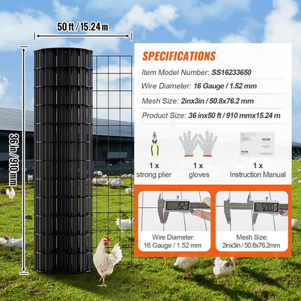 VEVOR Hardware Cloth, 36'' x 50' Galvanized Wire Mesh Roll, 16 Gauge Chicken Wire Fence Roll, Vinyl Coating Metal Wire Mesh for Chicken Coop Barrier, Rabbit Snake Fences, Poultry Enclosures