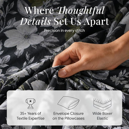 Tribeca Living Twin Bed Sheet Set, 300 Thread Count Soft Cotton Sateen, Floral Print with Extra Deep Pockets, 3-Piece Bedding Set, Vernazza Charcoal/Multicolor